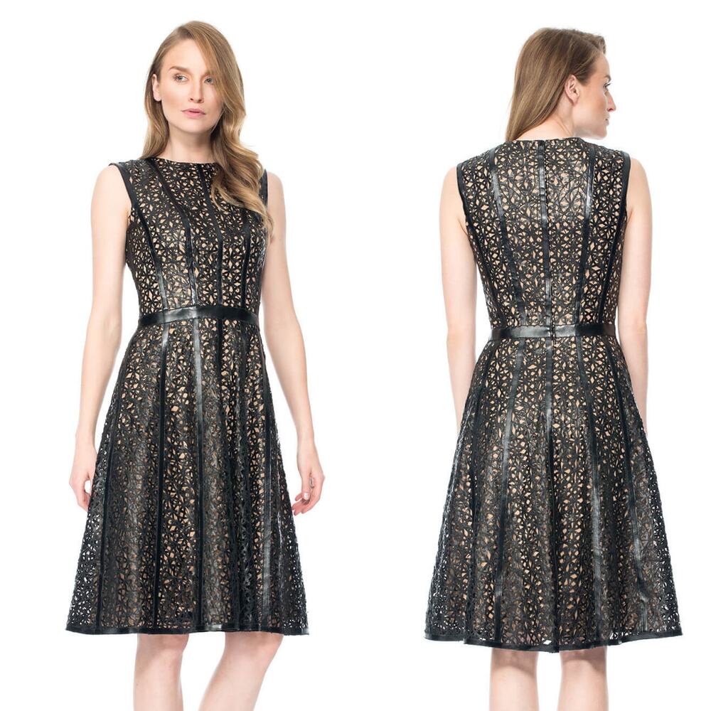 Tadashi Shoji Roberta Dress Black Nude Leathertte faux leather runway size 6